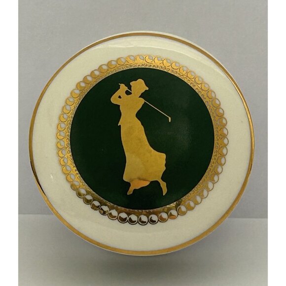 Papel Other - Papel 1996 Lady Golfer Small Trinket Box Round Green & White w/ Gold Accents